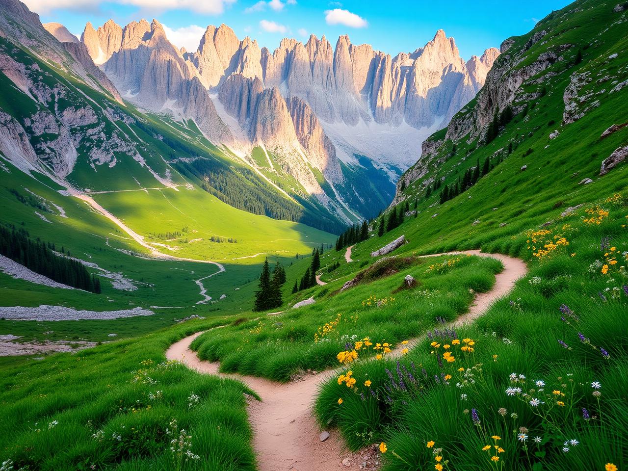 Alpine hiking trail through a green valley