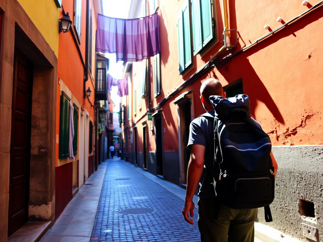 Backpacker in a colorful European alley