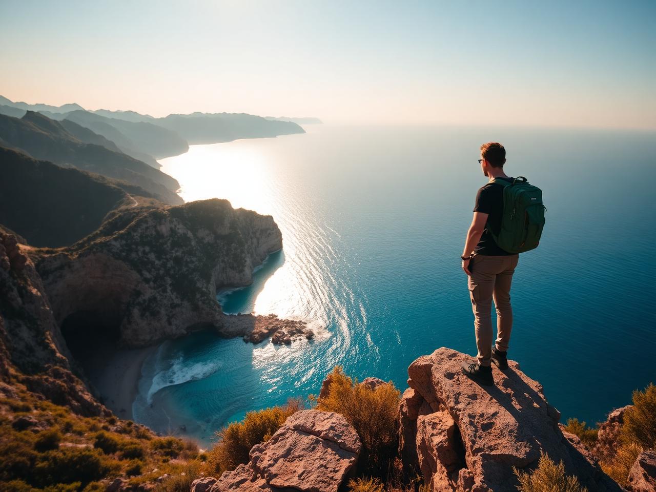 Backpacker on a cliff above turquoise sea