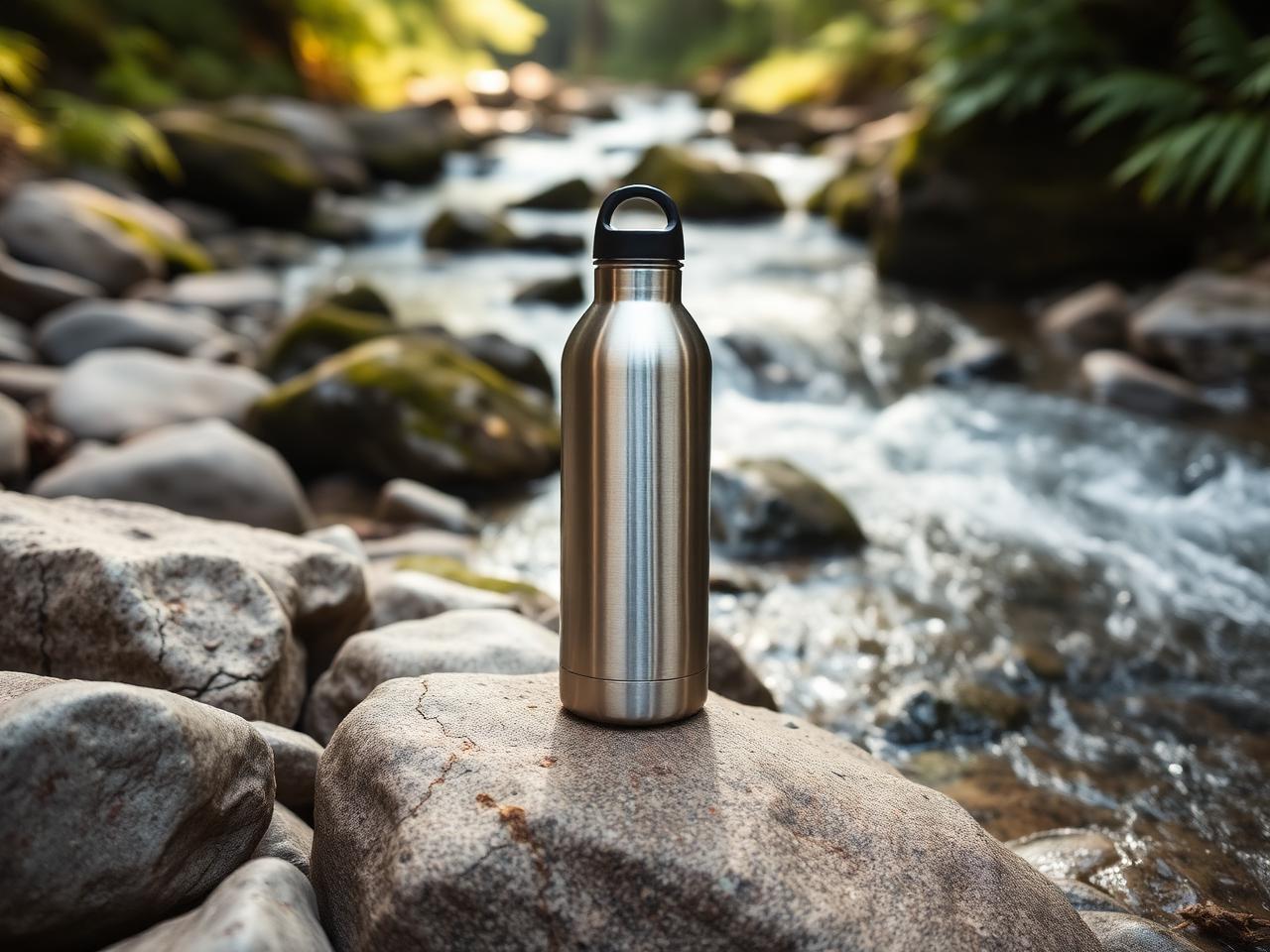 Reusable water bottle on rocks beside a stream